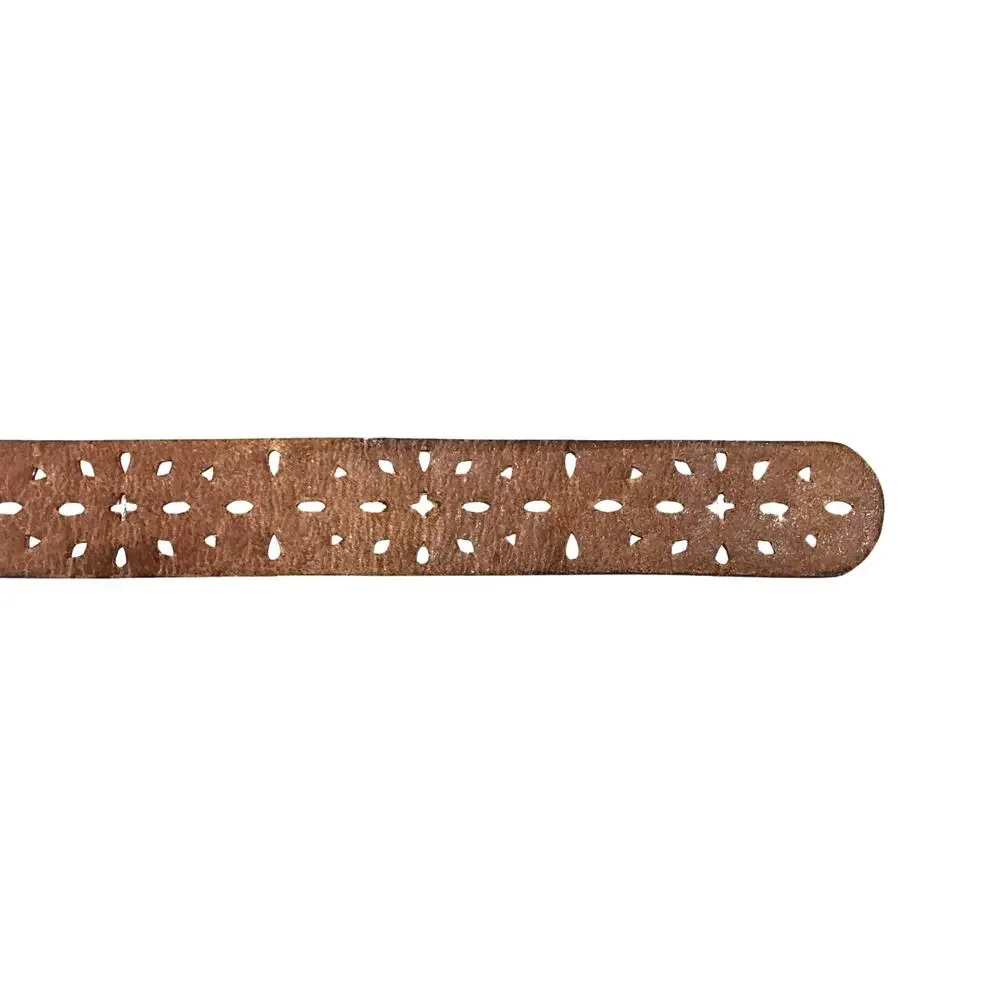 Fossil Western Floral Geometric Embossed Laser Cut Brown Leather Belt Size M